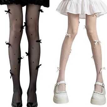 2 pc Women's Sheer Tights with Bow Accents and Polka Dot Embellishments