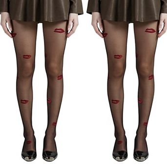 2 pc Women's Sheer Tights with Embroidered Lip Pattern Design