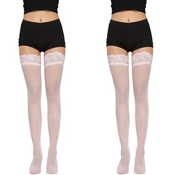 2 pc Women's Sheer Thigh High Stockings with Decorative Lace Top Detail and Soft Stretch Fit