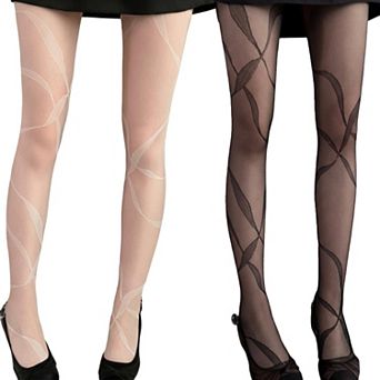 2 pc Women's Sheer Pantyhose with Abstract Leaf Line Pattern