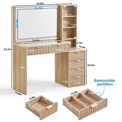 43.5'' Fluted Vanity Desk Mirror Lights Glass Top 6 Drawers Outlet