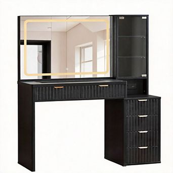 43.5'' Fluted Vanity Desk Mirror Lights Glass Top 6 Drawers Outlet