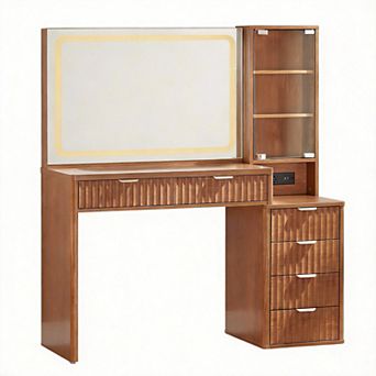 43.5'' Fluted Vanity Desk Mirror Lights Glass Top 6 Drawers Outlet