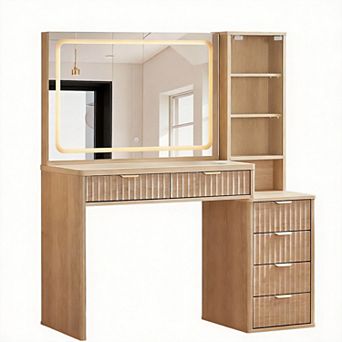 43.5'' Fluted Vanity Desk Mirror Lights Glass Top 6 Drawers Outlet