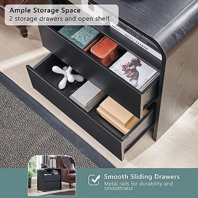 25" Tall Modern Nightstand with Charging Station 2-Drawer Mid-Century Curved End Table