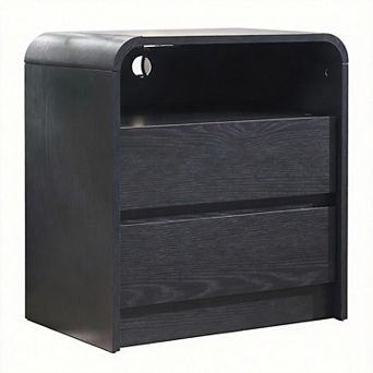 25" Tall Modern Nightstand with Charging Station 2-Drawer Mid-Century Curved End Table