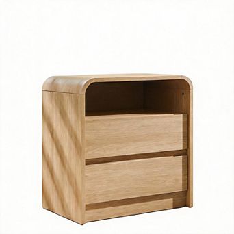 25" Tall Modern Nightstand with Charging Station 2-Drawer Mid-Century Curved End Table