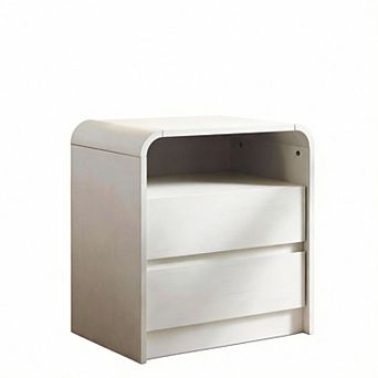 25" Tall Modern Nightstand with Charging Station 2-Drawer Mid-Century Curved End Table
