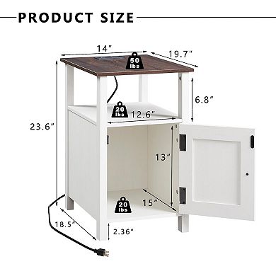Set of 2 Farmhouse Nightstand Charging Station Barn Door Side Table Storage