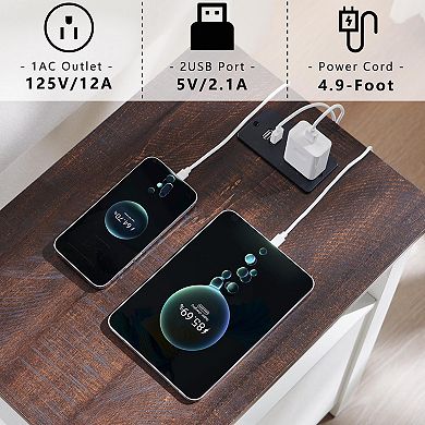 Set of 2 Farmhouse Nightstand Charging Station Barn Door Side Table Storage