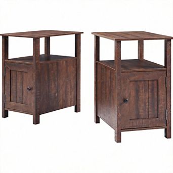 Set of 2 Farmhouse Nightstand Charging Station Barn Door Side Table Storage