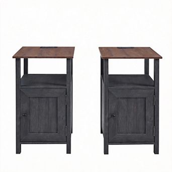 Set of 2 Farmhouse Nightstand Charging Station Barn Door Side Table Storage