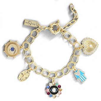 JS Jessica Simpson Womens Evil Eye Charm Bracelet 7" + 1" - Gold-Tone Charm Bracelet with Evil Eye,