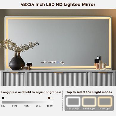 48'' Fluted Vanity Desk LED Mirror 9 Drawers Power Outlet 3 Lighting Modes