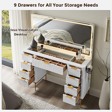 48'' Fluted Vanity Desk LED Mirror 9 Drawers Power Outlet 3 Lighting Modes