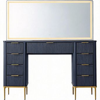 48'' Fluted Vanity Desk LED Mirror 9 Drawers Power Outlet 3 Lighting Modes