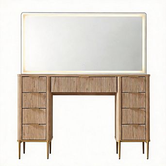 48'' Fluted Vanity Desk LED Mirror 9 Drawers Power Outlet 3 Lighting Modes