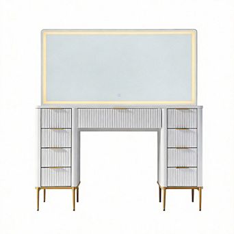 48'' Fluted Vanity Desk LED Mirror 9 Drawers Power Outlet 3 Lighting Modes