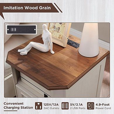 18" Farmhouse Charging End Table Vintage Wood Nightstand 2 Drawers