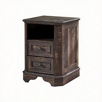18" Farmhouse Charging End Table Vintage Wood Nightstand 2 Drawers