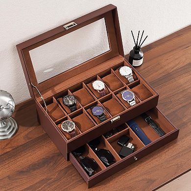 Men’s Watch Box with Drawer Glass Lid Valentine Gifts
