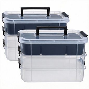 2 pack 3 tier Stackable Storage Box with Tray Handle Lid for School Office