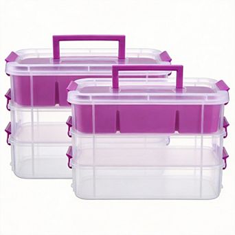 2 pack 3 tier Stackable Storage Box with Tray Handle Lid for School Office