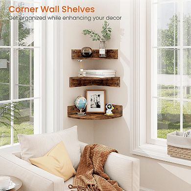 Set of 3 Corner Shelf Sets Wall Mount Floating 3 Tier Wood Display Storage