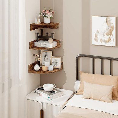 Set of 3 Corner Shelf Sets Wall Mount Floating 3 Tier Wood Display Storage