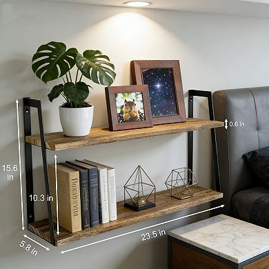 Rustic 2-Tier Floating Wall Shelf Sets Wood Storage Display