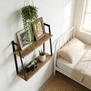 Rustic 2-Tier Floating Wall Shelf Sets Wood Storage Display