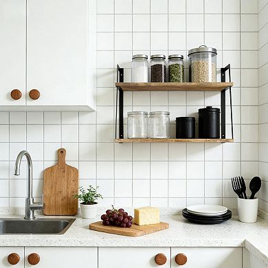 Rustic 2-Tier Floating Wall Shelf Sets Wood Storage Display