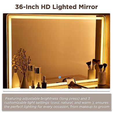 48" Fluted Vanity Desk with Lighted HD Mirror Glass Top Adjustable Shelves Charging 5 Drawers