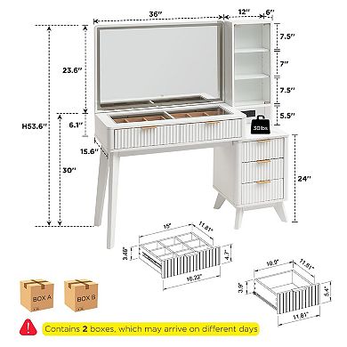 48" Fluted Vanity Desk with Lighted HD Mirror Glass Top Adjustable Shelves Charging 5 Drawers