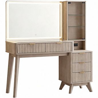 48" Fluted Vanity Desk with Lighted HD Mirror Glass Top Adjustable Shelves Charging 5 Drawers