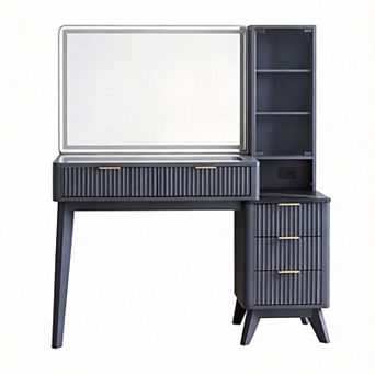 48" Fluted Vanity Desk with Lighted HD Mirror Glass Top Adjustable Shelves Charging 5 Drawers