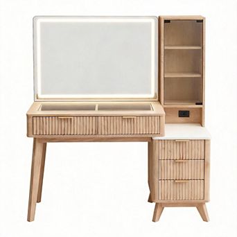 48" Fluted Vanity Desk with Lighted HD Mirror Glass Top Adjustable Shelves Charging 5 Drawers