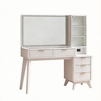 48" Fluted Vanity Desk with Lighted HD Mirror Glass Top Adjustable Shelves Charging 5 Drawers
