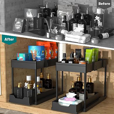 2 Tier Under Sink Organizer with Sliding Basket, Multi-Purpose 2pc
