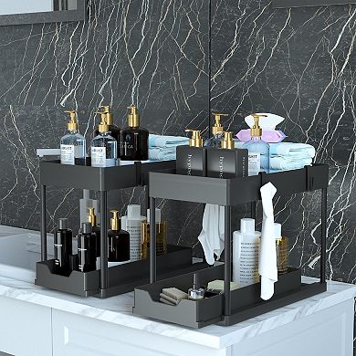 2 Tier Under Sink Organizer with Sliding Basket, Multi-Purpose 2pc