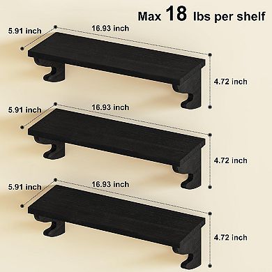 Set of 3 Floating Wall Shelves Solid Wood with Hooks Decorative Storage 17 inch