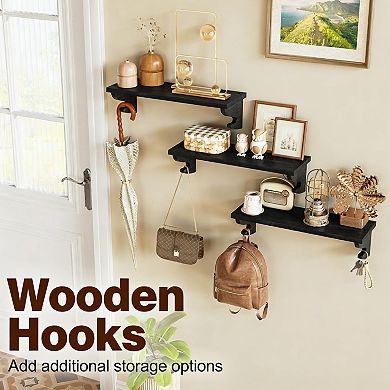 Set of 3 Floating Wall Shelves Solid Wood with Hooks Decorative Storage 17 inch
