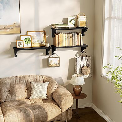Set of 3 Floating Wall Shelves Solid Wood with Hooks Decorative Storage 17 inch
