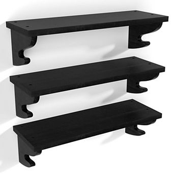 Set of 3 Floating Wall Shelves Solid Wood with Hooks Decorative Storage 17 inch