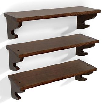 Set of 3 Floating Wall Shelves Solid Wood with Hooks Decorative Storage 17 inch