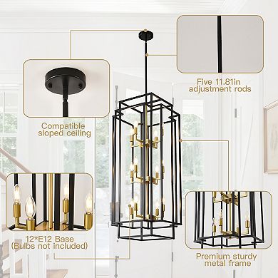 Lantern Tiered Pendant Light Fixture Black and Gold Farmhouse Chandelier