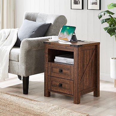 18in Farmhouse Nightstand Charging Station 2 drawers Open Shelf