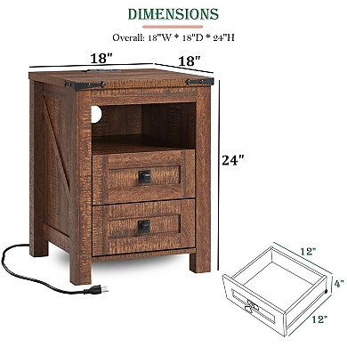 18in Farmhouse Nightstand Charging Station 2 drawers Open Shelf