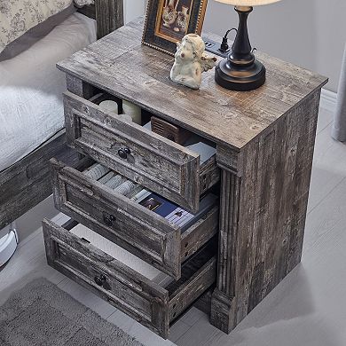 26" Tall Farmhouse Nightstand Charging Station Roman Column 3-Drawer End Table