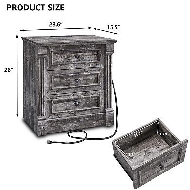 26" Tall Farmhouse Nightstand Charging Station Roman Column 3-Drawer End Table